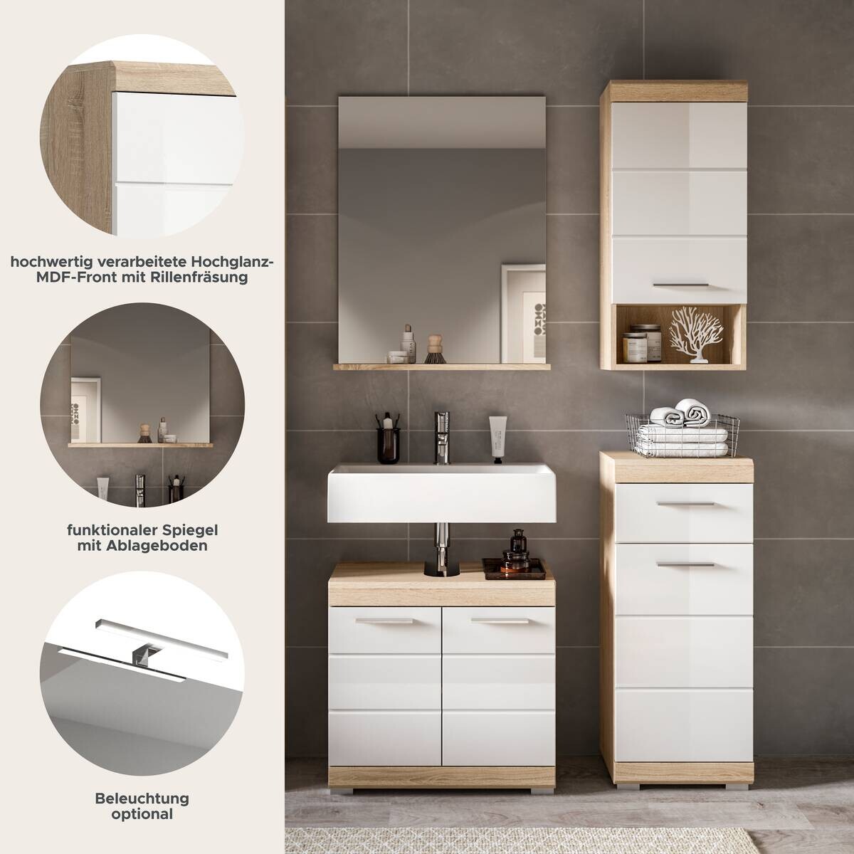 Badezimmer-Set Lambada Eiche Sonoma Nachbildung weiß Hochglanz B/H/T: ca. 112x191x34 cm