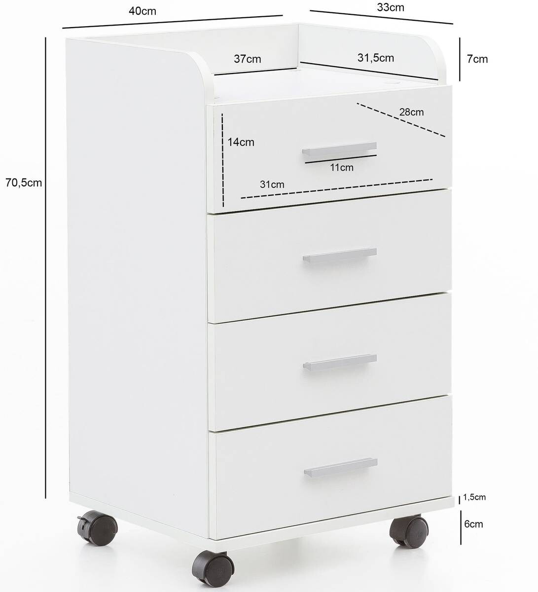 Rollcontainer weiß Spanplatte B/H/T: ca. 40x70,5x33 cm