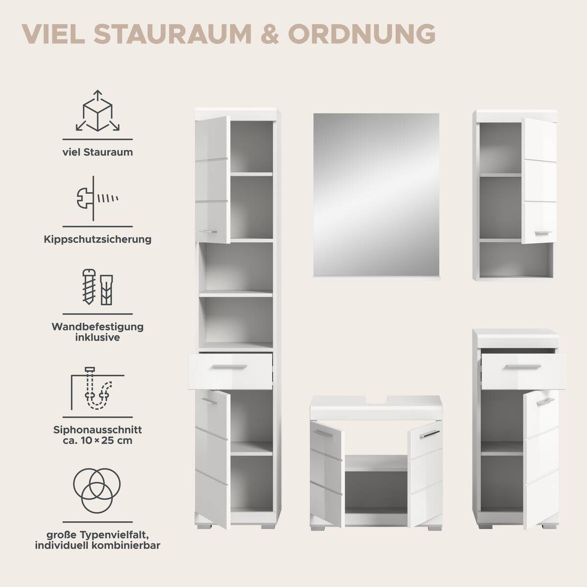 Badezimmer-Set Scout weiß weiß Hochglanz B/H/T: ca. 164x191x34 cm