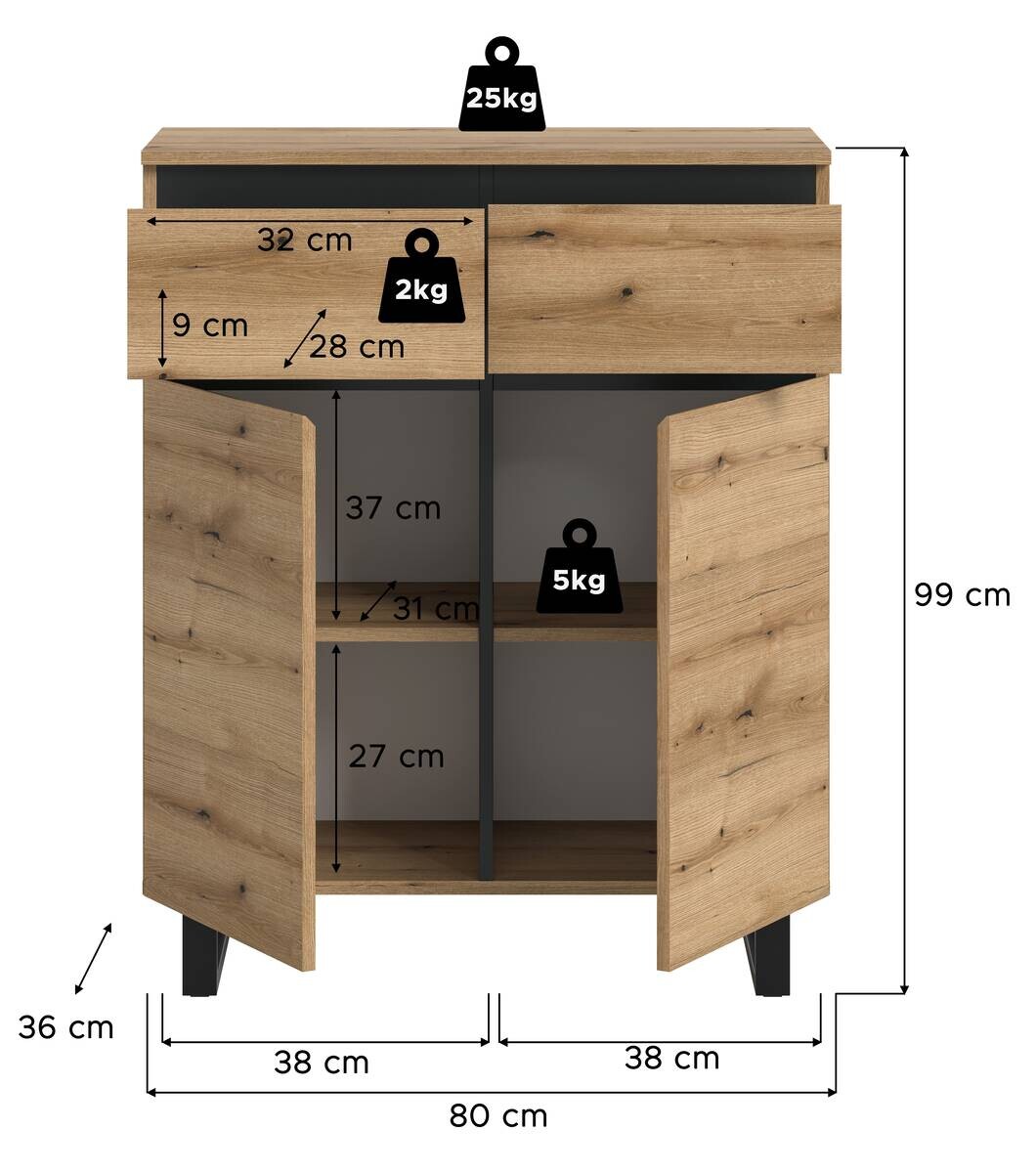 Kommode Tomasa Evoke Oak Nachbildung schwarz B/H/T: ca. 80x99x36 cm