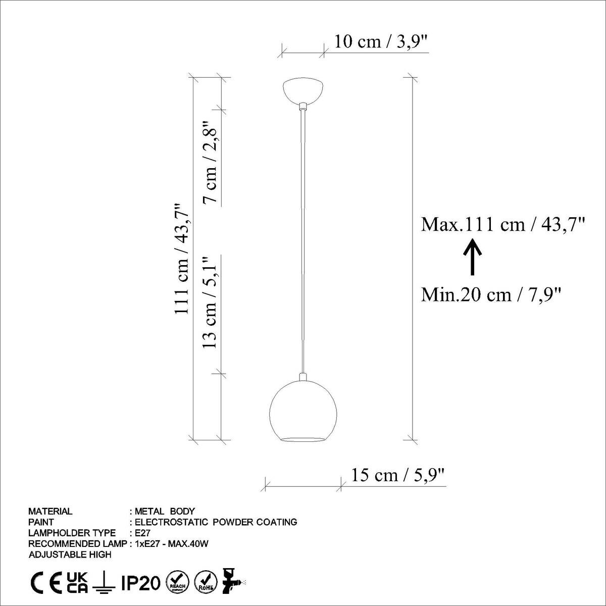 Opviq Pendelleuchte marine B/H/T: ca. 15x111x15 cm E27 1 Brennstellen