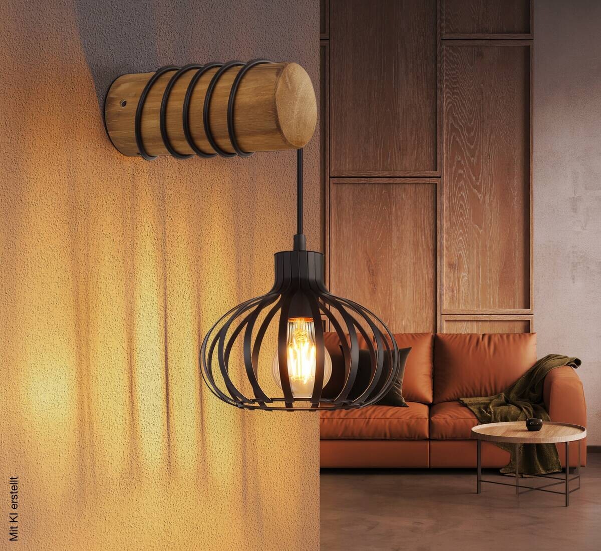 GLOBO Wandleuchte schwarz braun Metall Holz B/H: ca. 20x59 cm E27 1 Brennstellen
