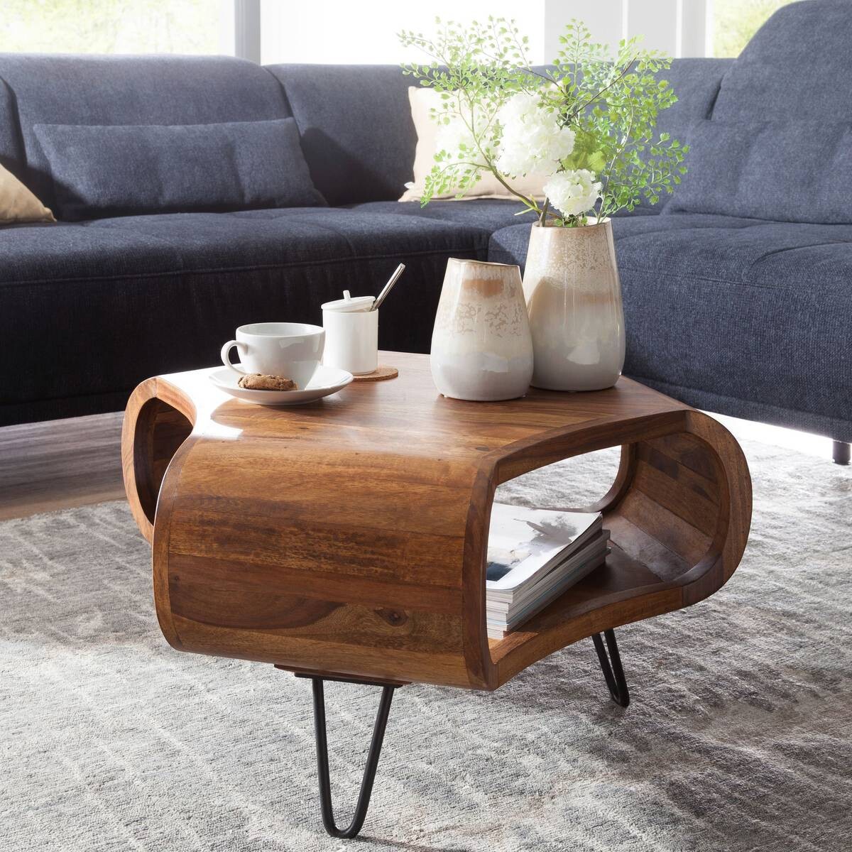 Wohnling Couchtisch natur schwarz Echtholz Metall B/H/T: ca. 55x38x55 cm