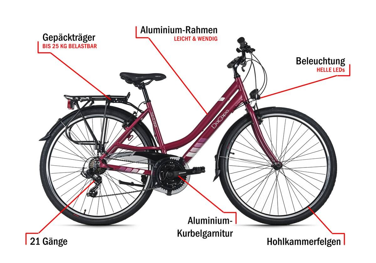 DaCapo Trekking-Bike Ravenna 50 28 Zoll Rahmenhöhe 48 cm 21 Gänge rot rot ca. 28 Zoll