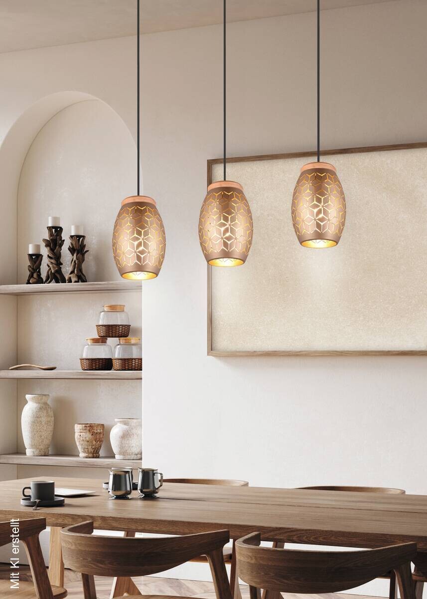 Reality Pendelleuchte Bidar gold Metall Holz B/H/L/D: ca. 71x150x15x15 cm E27 3 Brennstellen
