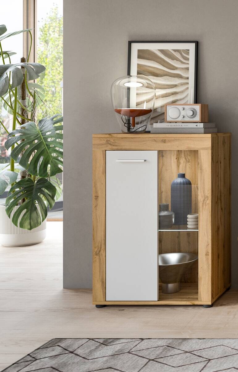 Vitrine Jam Eiche Wotan Nachbildung weiß B/H/T: ca. 60x86x35 cm