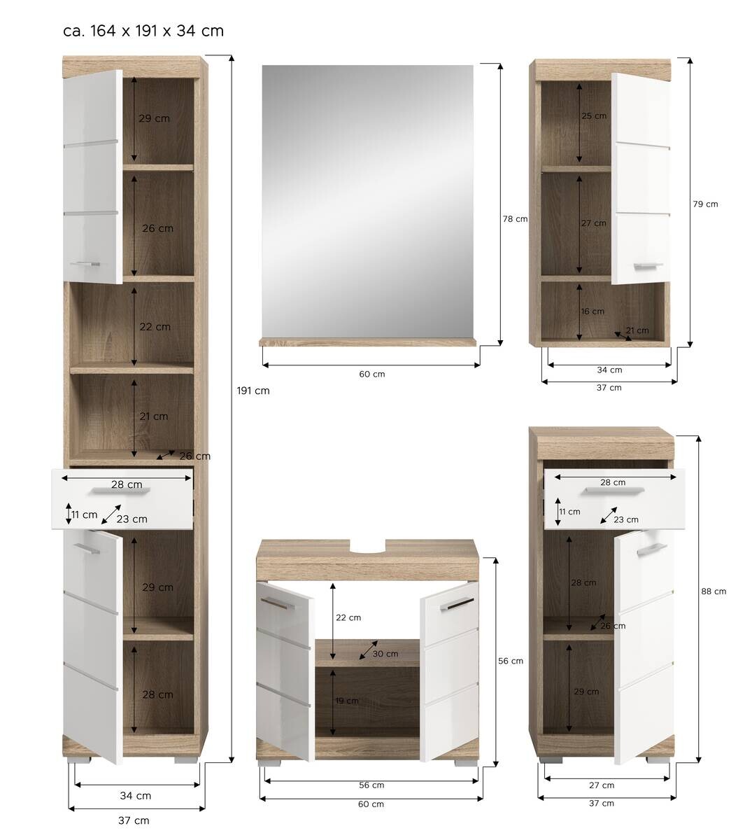 Badezimmer-Set Lambada Eiche Sonoma Nachbildung weiß Hochglanz B/H/T: ca. 164x191x34 cm
