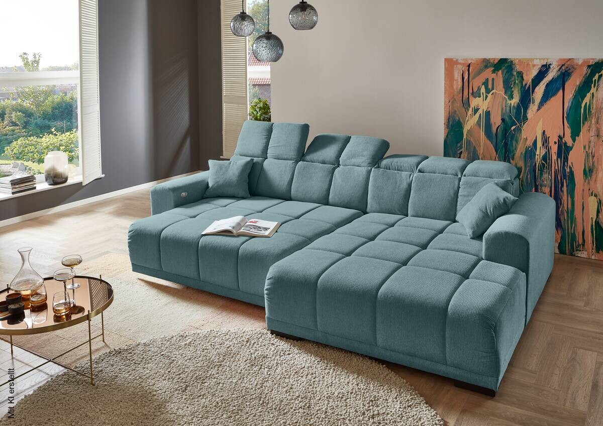 Ecksofa mit elektrischer Sitztiefenverstellung blau Microfaser B/H/T: ca. 301x113x195 cm