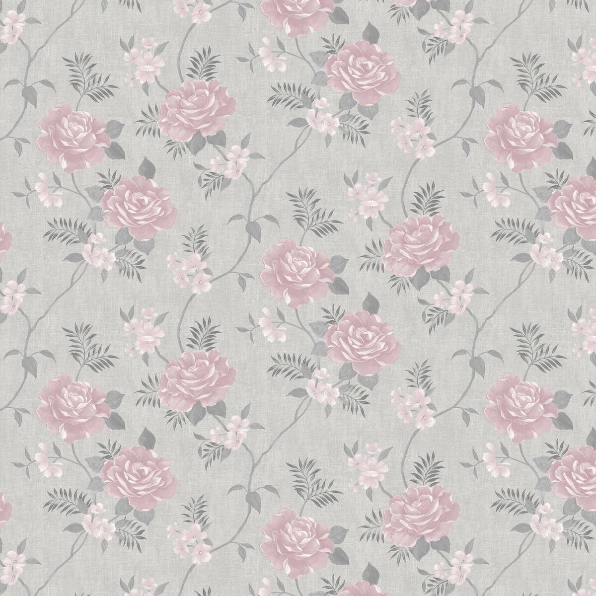 Papiertapete Blumenranke hellgrau dunkelgrau rosa B/L: ca. 53x1005 cm