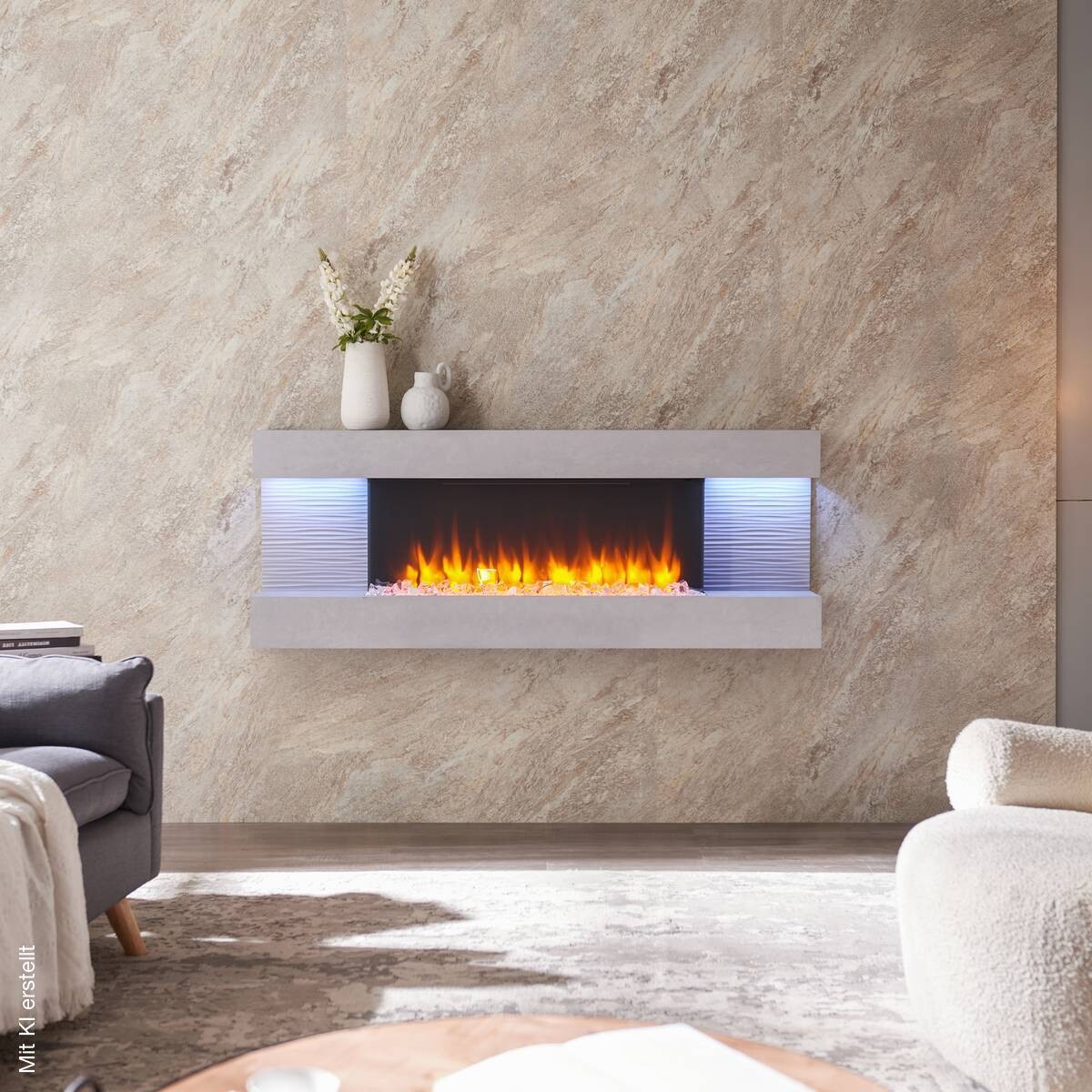 Balderia Wandkamin Elektrischer-Kamin Hestia grau MDF B/H/T: ca. 152x59x25 cm