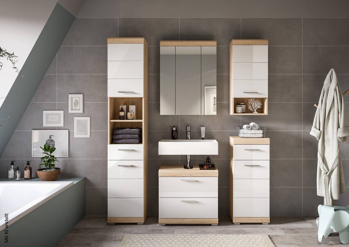Badezimmer-Set Lambada Eiche Sonoma Nachbildung weiß Hochglanz B/H/T: ca. 164x191x37 cm