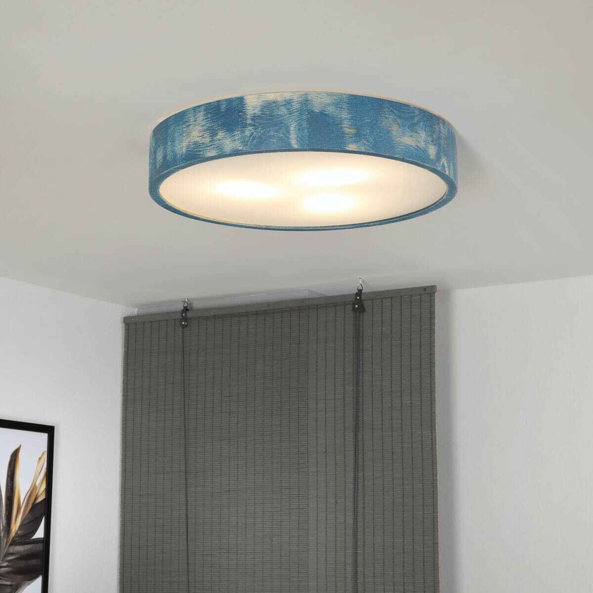 Lamkur Deckenleuchte hellbraun blau Holz Glas B/H/L: ca. 48x48x10 cm 3 Brennstellen