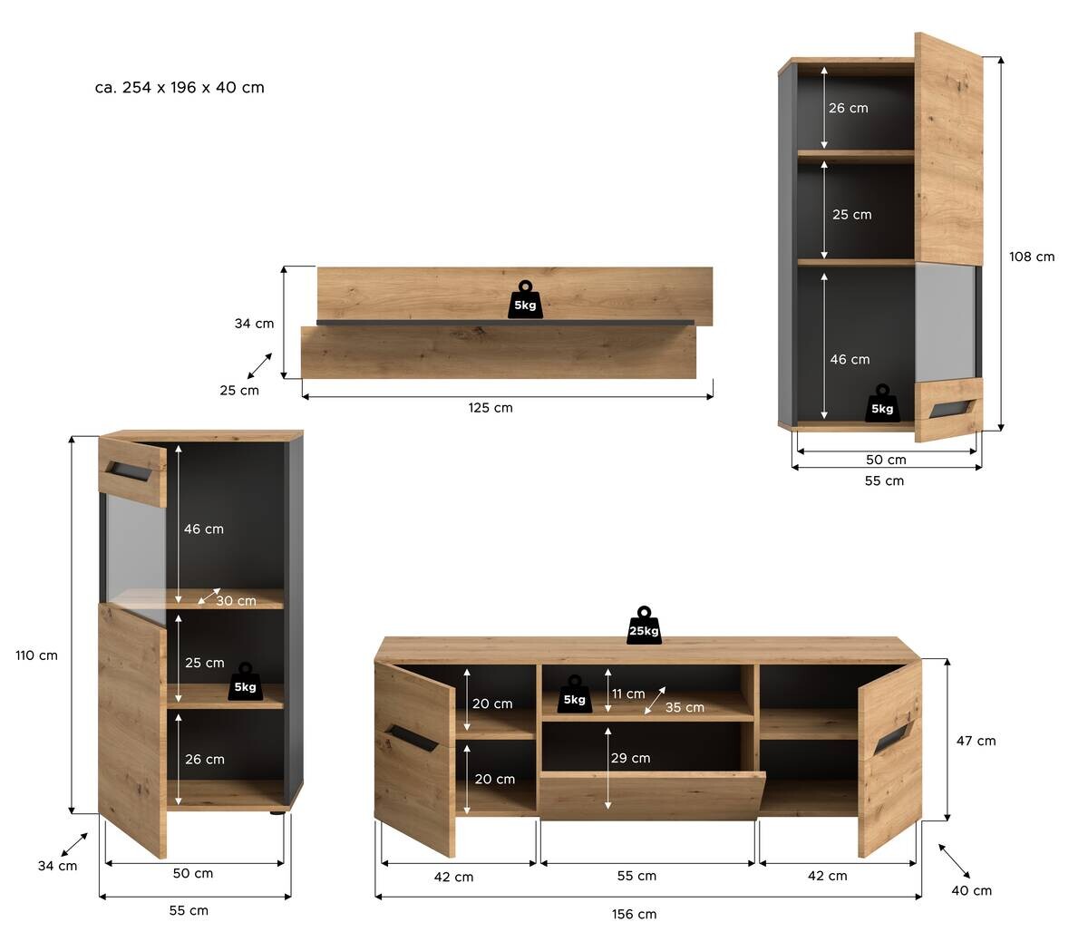 Wohnwand Caserta basaltgrau Nachbildung Artisan Oak Nachbildung B/H/T: ca. 253x196x40 cm
