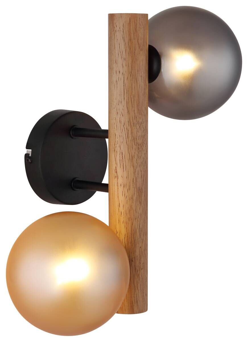 GLOBO LED-Wandleuchte Rauch dunkelbraun amber Metall Holz Glas H/L: ca. 16,5x32 cm 2 Brennstellen