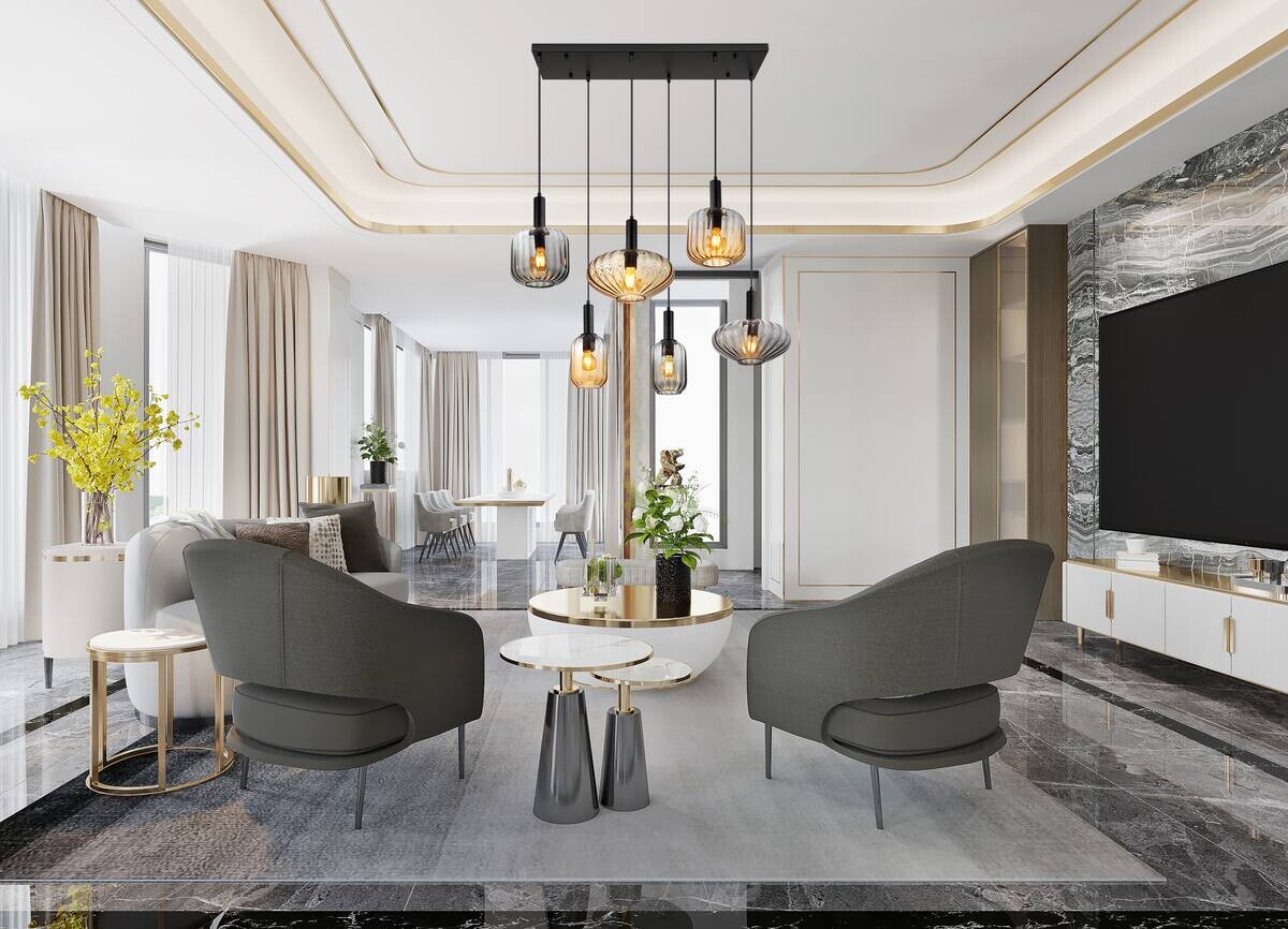 GLOBO Pendelleuchte schwarz Rauch amber Metall Glas PVC B/H/L: ca. 47x150x100 cm E27 6 Brennstellen