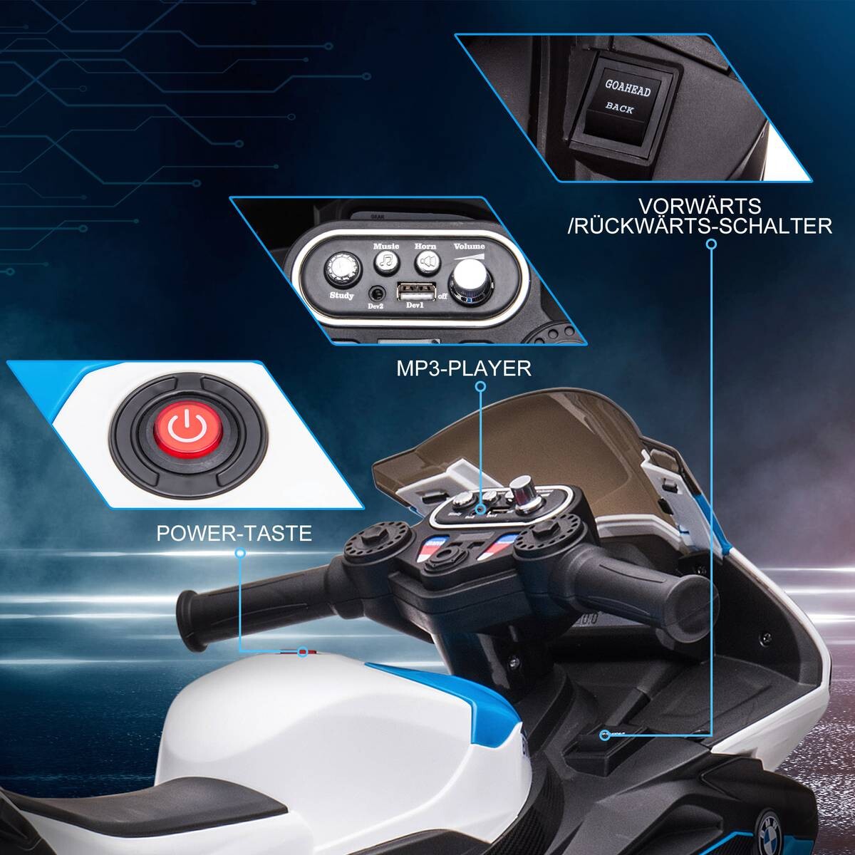 HOMCOM Kinder-Elektromotorrad blau B/H/L: ca. 42x54x82,5 cm