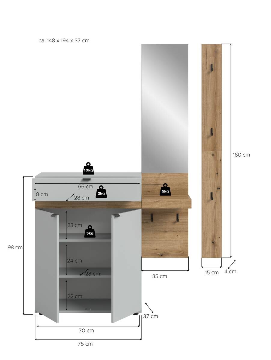 Garderobe Naro weiß Evoke Oak Nachbildung B/H/T: ca. 148x194x37 cm