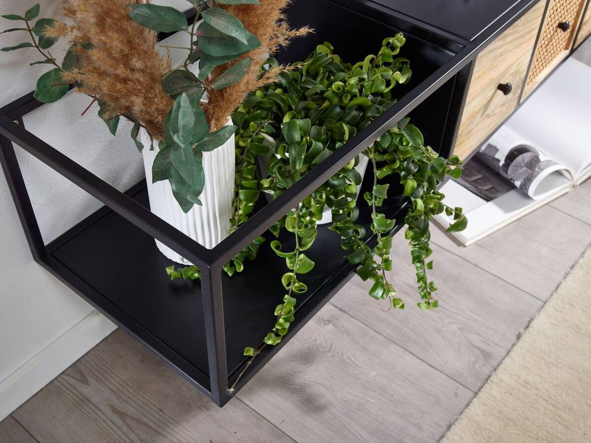 TV-Bank schwarz pulverbeschichtet natur Eisen Echtholz B/H/T: ca. 150x25x35 cm