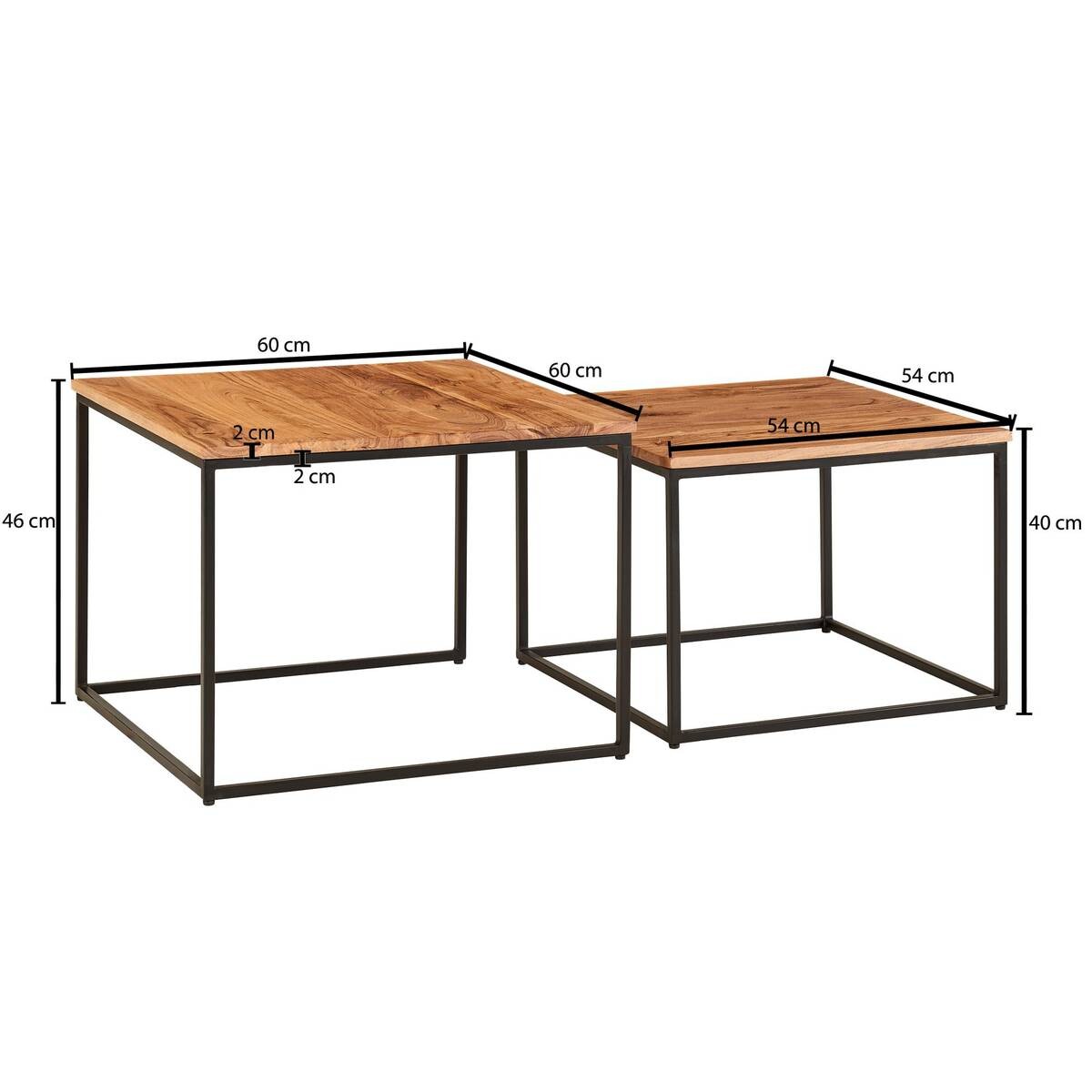 Wohnling Couchtisch 2er-Set. natur schwarz Akazie Eisen