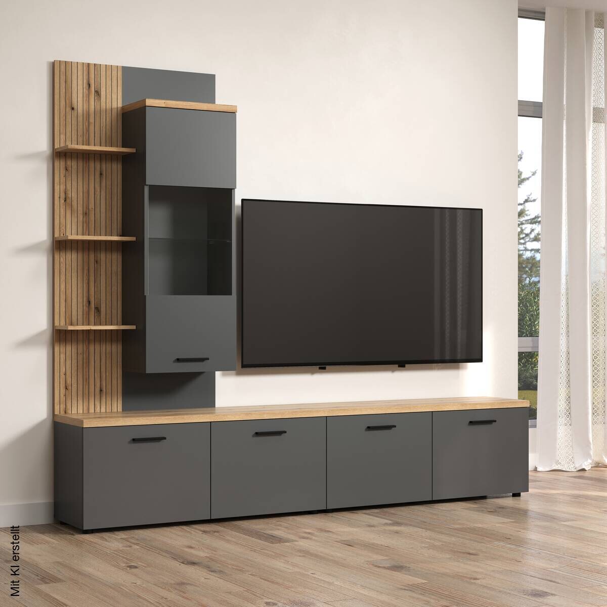 Wohnwand Baggio Eiche Evoke Coast Nachbildung anthrazit B/H/T: ca. 240x211x40 cm | anthrazit, Eiche | 240,00/211,00/40,00 cm
