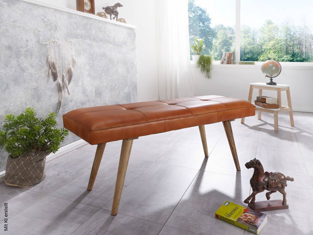 Wohnling Sitzbank braun natur Leder Echtholz B/H/T: ca. 117x51x38 cm