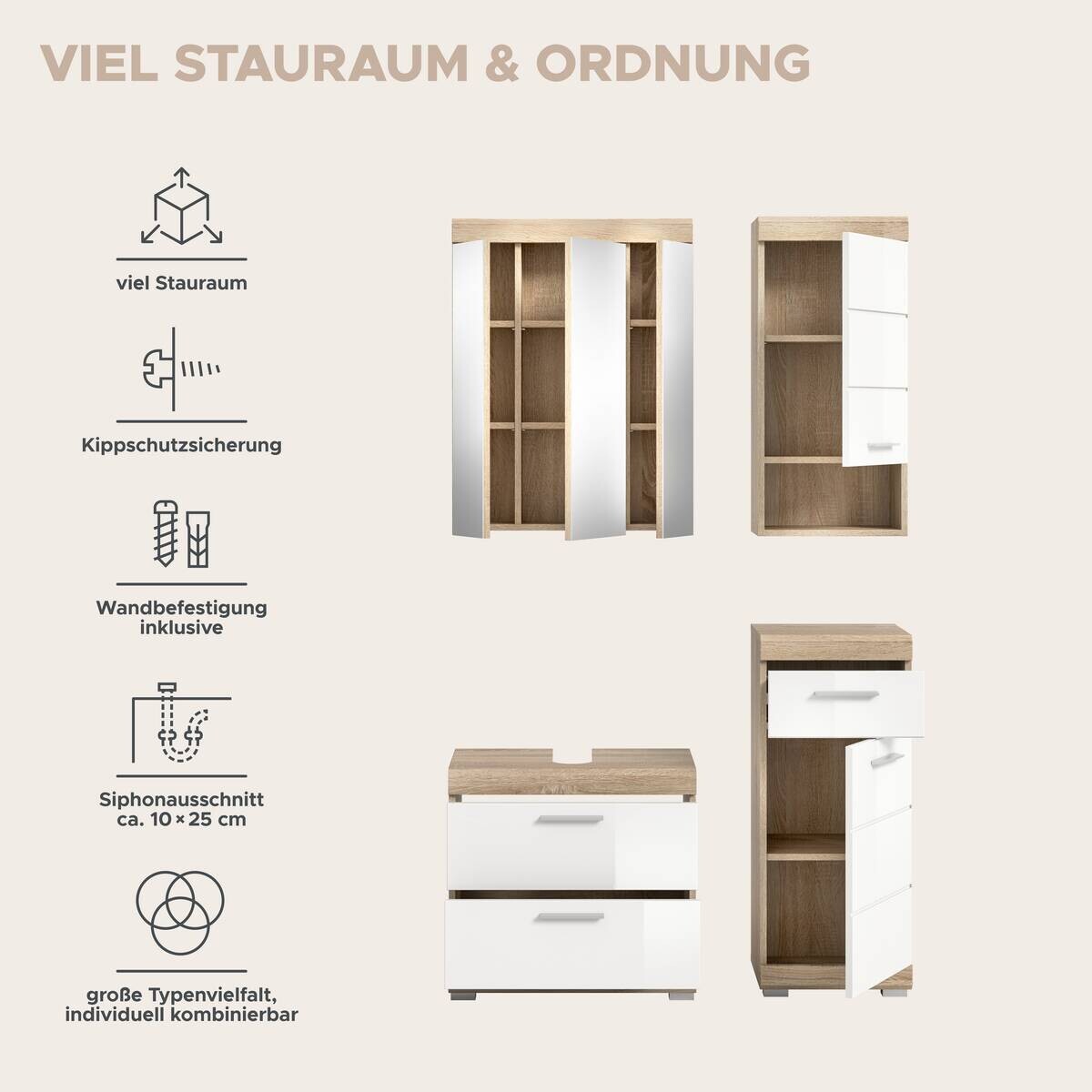 Badezimmer-Set Lambada Eiche Sonoma Nachbildung weiß Hochglanz B/H/T: ca. 112x191x37 cm