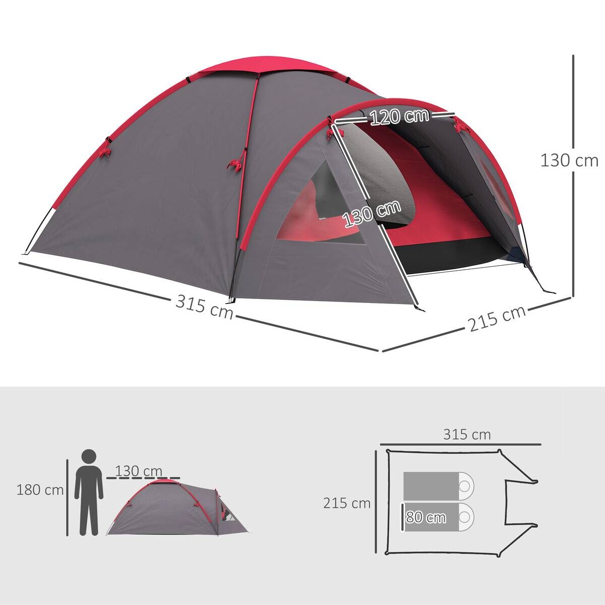 Outsunny Campingzelt grau Polyester B/H/L: ca. 215x130x315 cm