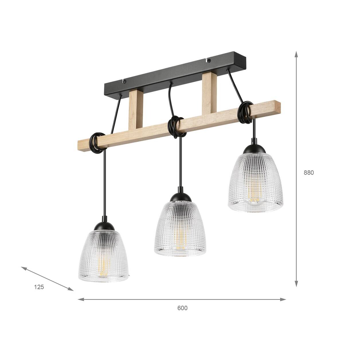Lamkur Pendelleuchte Eiche Stahl B/H/L: ca. 60x88x60 cm E27 3 Brennstellen