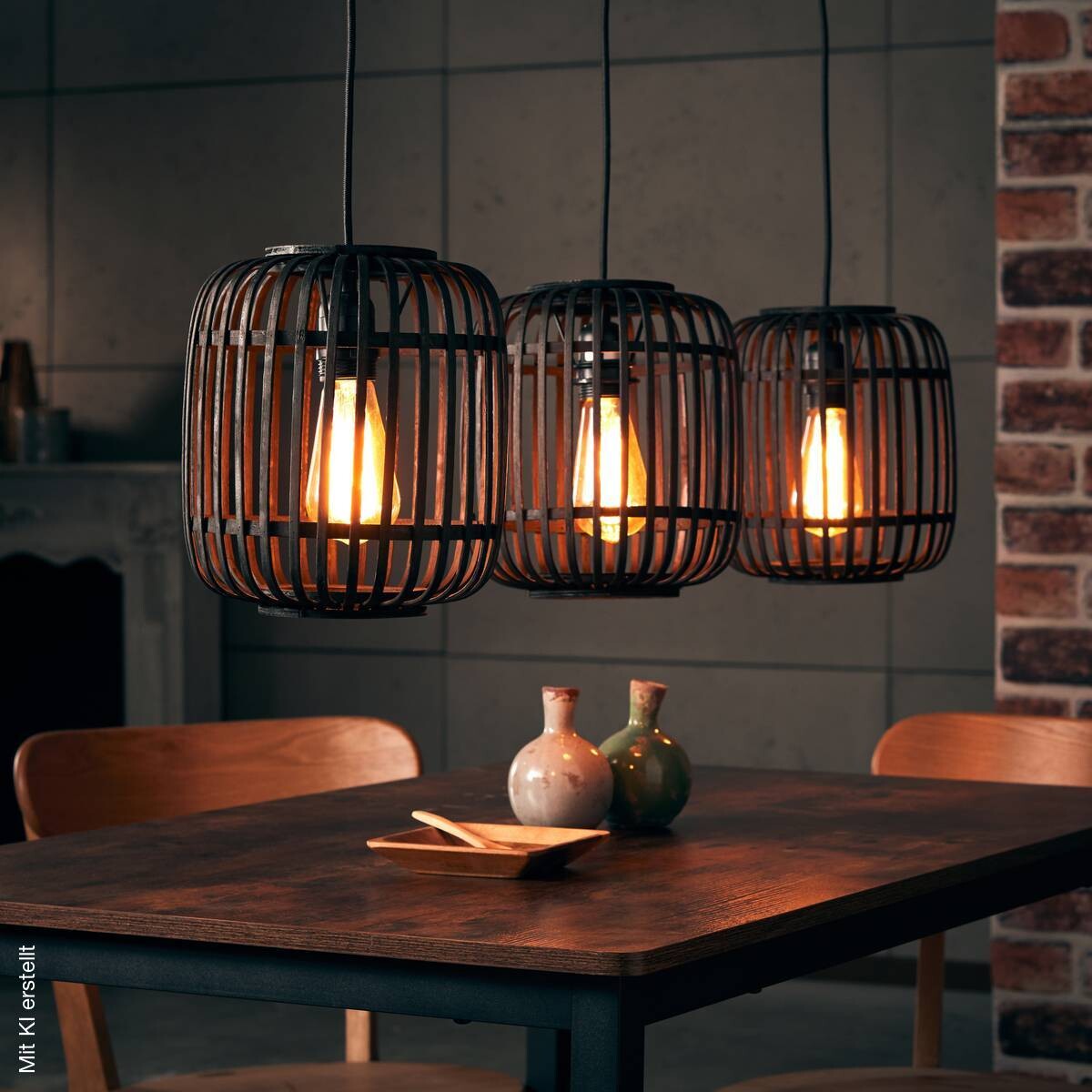 Brilliant Pendelleuchte Woodrow 93778/76 natur schwarz Bambus Metall B/H/T: ca. 105x125x21,5 cm E27 3 Brennstellen