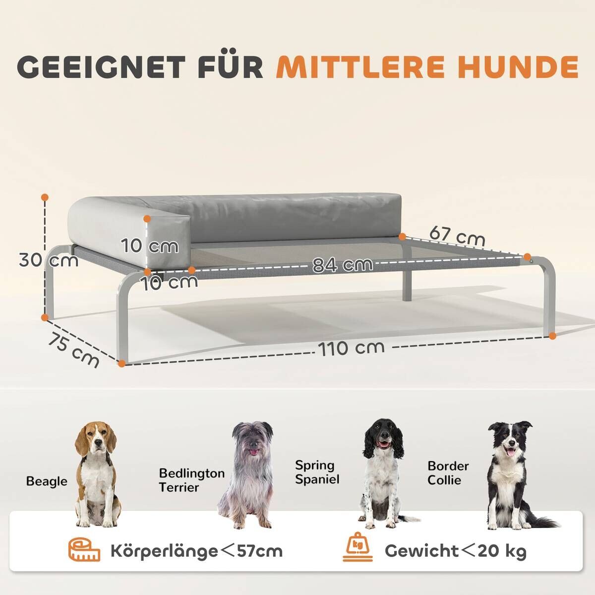 PawHut Hundebett hellgrau Netzstoff B/H/L: ca. 75x30x110 cm