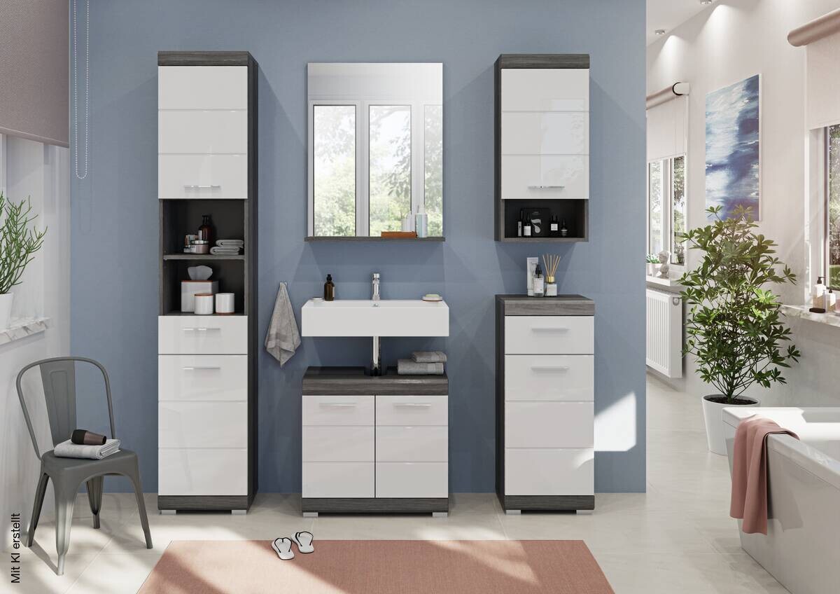 Badezimmer-Set Scout Eiche Rauchsilber Nachbildung weiß Hochglanz B/H/T: ca. 164x191x34 cm
