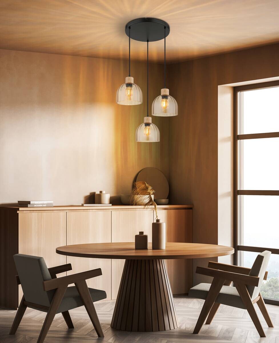 GLOBO Pendelleuchte schwarz amber Glas Metall H/D: ca. 130x40 cm E27 3 Brennstellen
