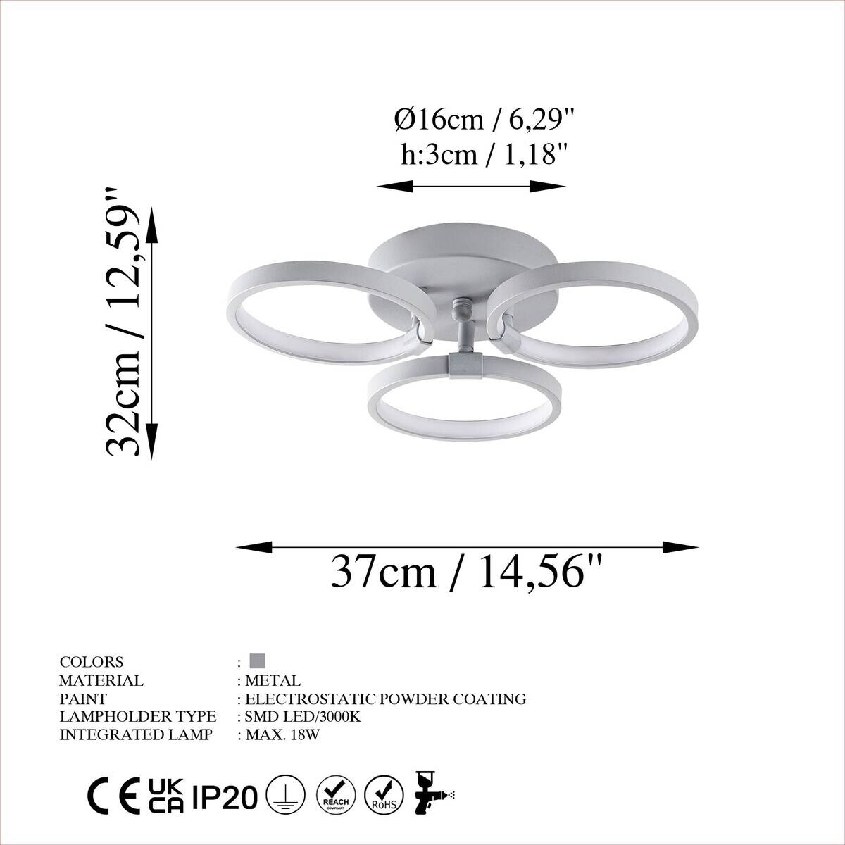 Opviq LED-Deckenleuchte grau B/H/T: ca. 37x9x32 cm