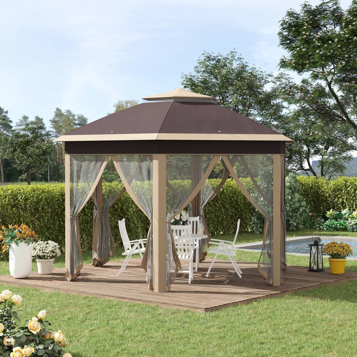 Outsunny Faltpavillon hellbraun Metall B/H/L: ca. 405x285x405 cm
