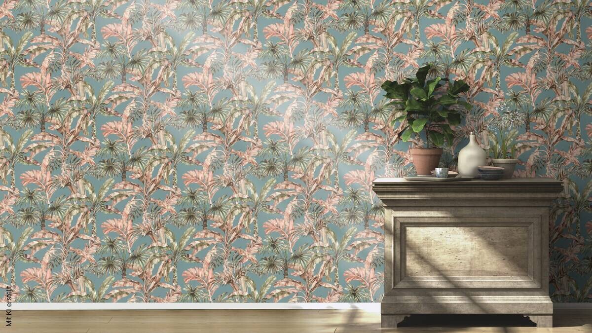 Vliestapete Palmenblätter blau grün beige B/L: ca. 53x1005 cm