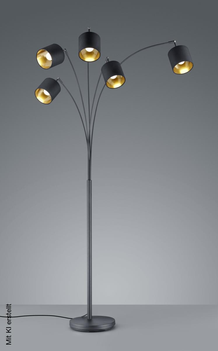 Reality Bogenleuchte Tommy mattschwarz gold Metall Stoff B/H/L: ca. 30x200x72 cm E14 5 Brennstellen