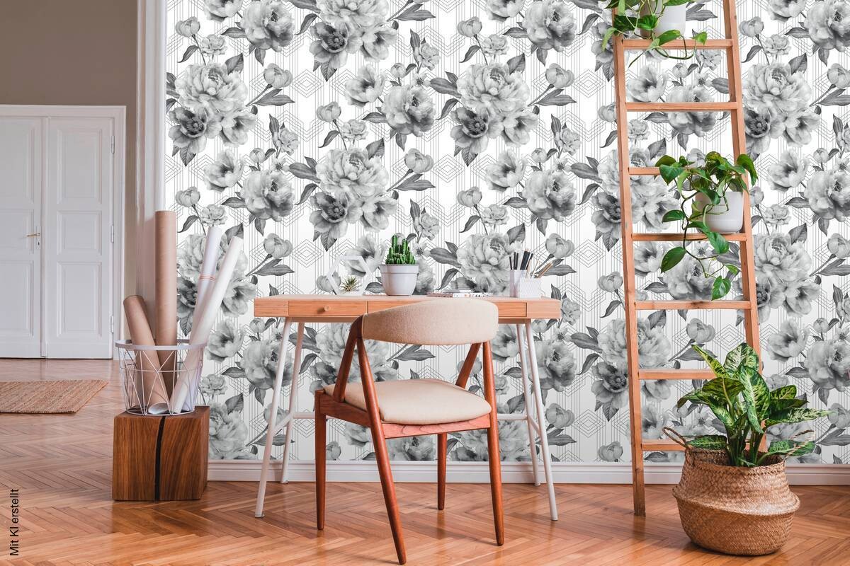 UGEPA Papiertapete Blumen grau weiß B/L: ca. 53x1005 cm glitzernd