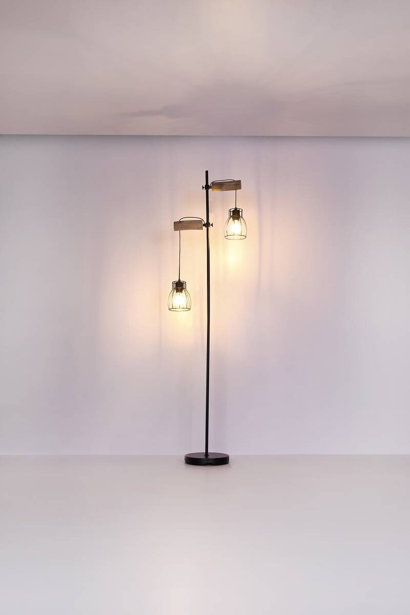 GLOBO Stehlampe Mina schwarz natur Metall Holz H: ca. 168 cm E27 2 Brennstellen