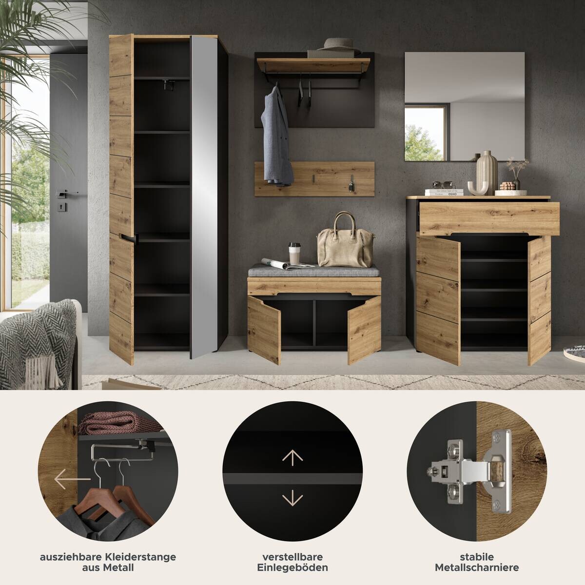 Garderobe Canu basaltgrau Nachbildung Artisan Nachbildung B/H/T: ca. 255x190x37 cm