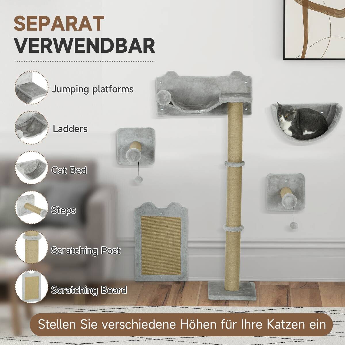 PawHut Katzen Kletterwand hellgrau Spanplatte B/H/L: ca. 32x140x60 cm