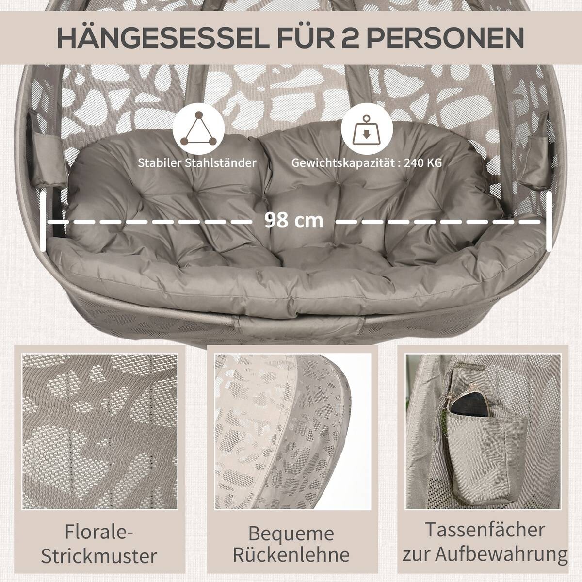 Outsunny Hängesessel mit Sitzkissen sand Polyester B/H/L: ca. 103x172x130 cm