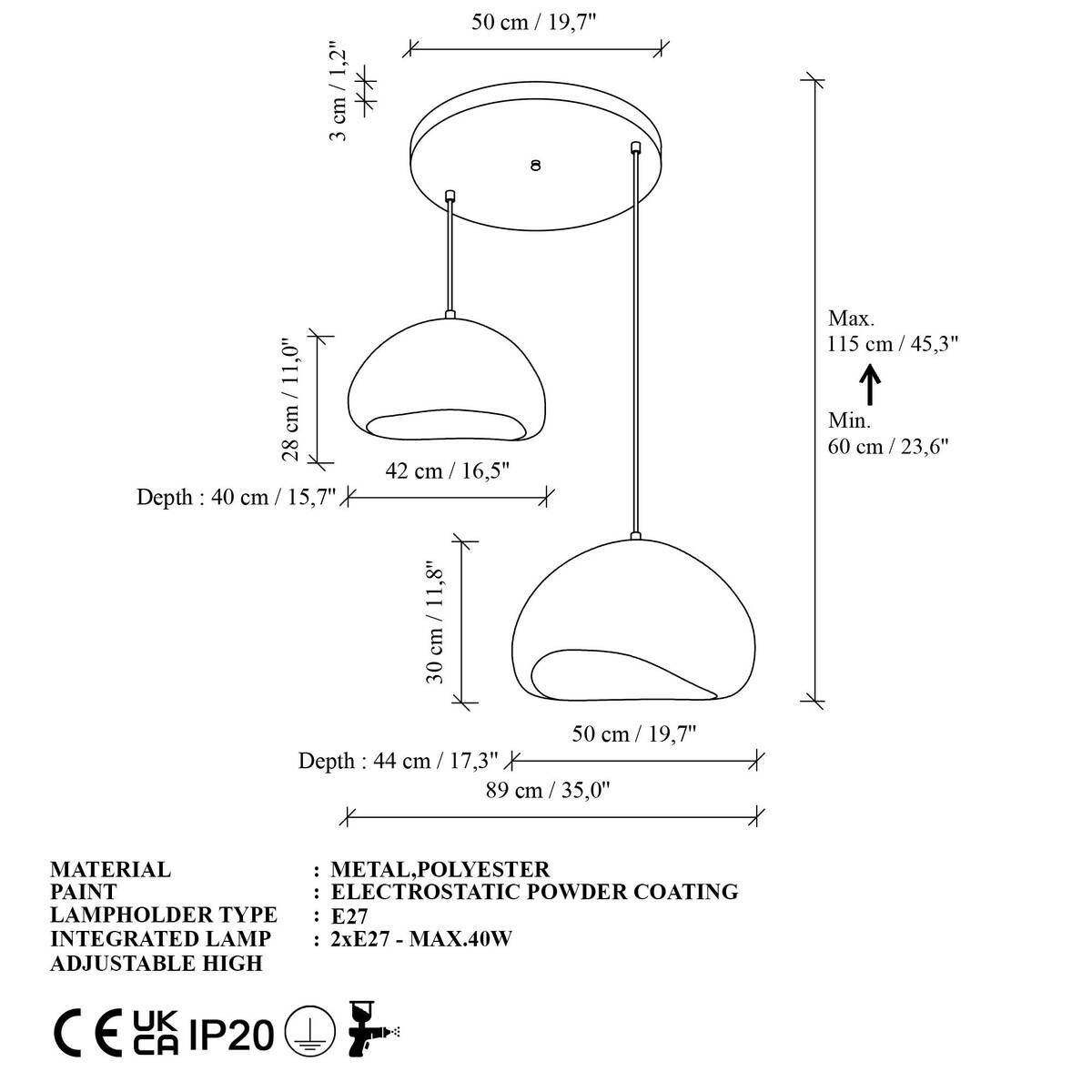 Opviq Pendelleuchte weiß Fiberglas Metall B/T/L: ca. 89x89x89 cm E27 2 Brennstellen