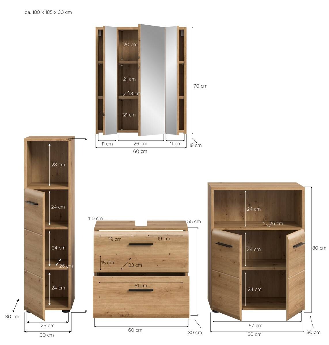 Badezimmer-Set Ice Artisan Oak Nachbildung B/H/T: ca. 180x185x30 cm