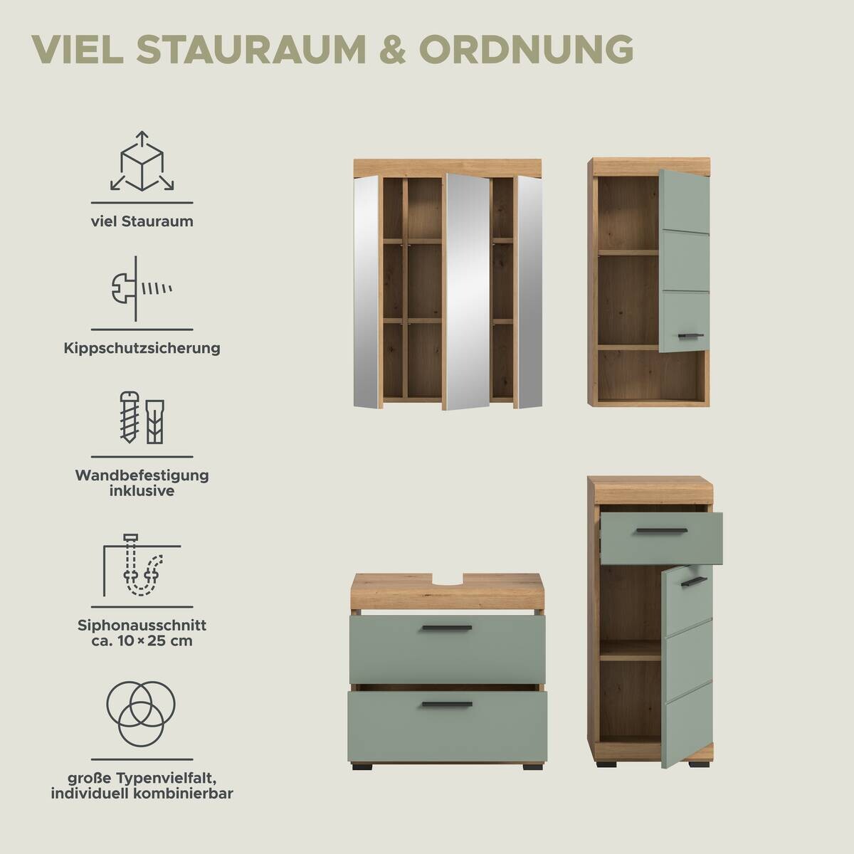 Badezimmer-Set Scout Eiche Artisan Nachbildung salbei Nachbildung B/H/T: ca. 112x191x37 cm
