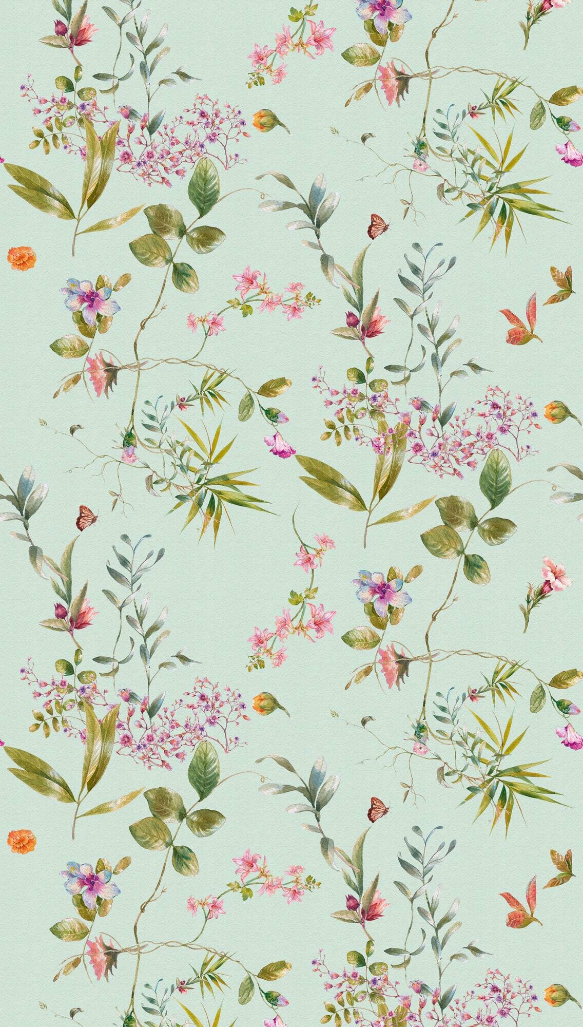 Livingwalls Fototapete Blumen blau rosa grün B/L: ca. 280x159 cm