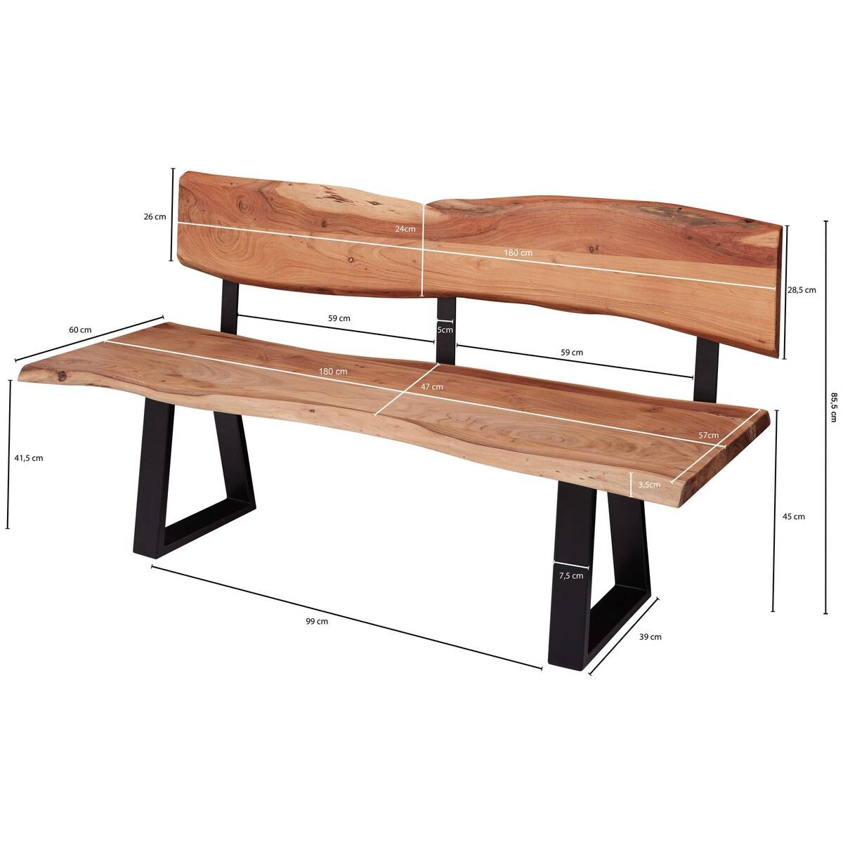 Sitzbank natur schwarz B/H/T: ca. 180x85,5x60 cm