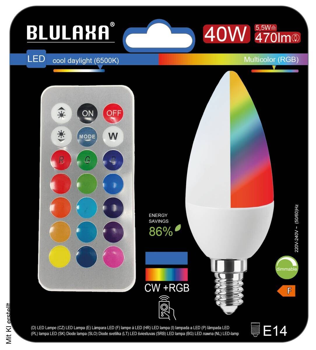 Blulaxa LED-Leuchtmittel Kerze RGB + CW dimmbar mit Fernbedienung 51174 E14