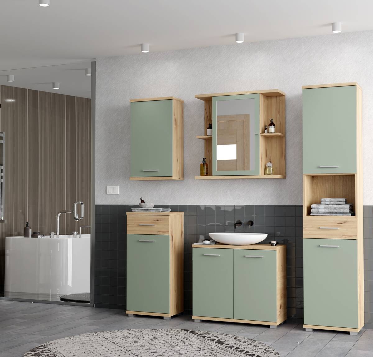 Spiegelschrank Eiche Artisan Nachbildung salbei B/H/T: ca. 70x69x23 cm