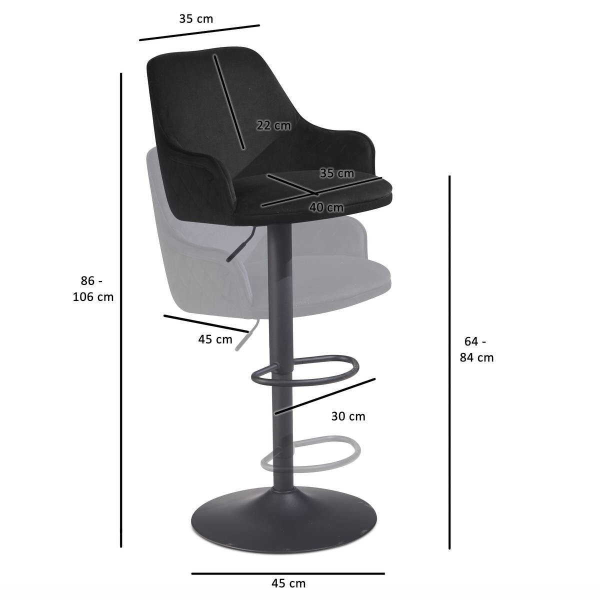 Barhocker schwarz Samt B/H/T: ca. 45x106x45 cm