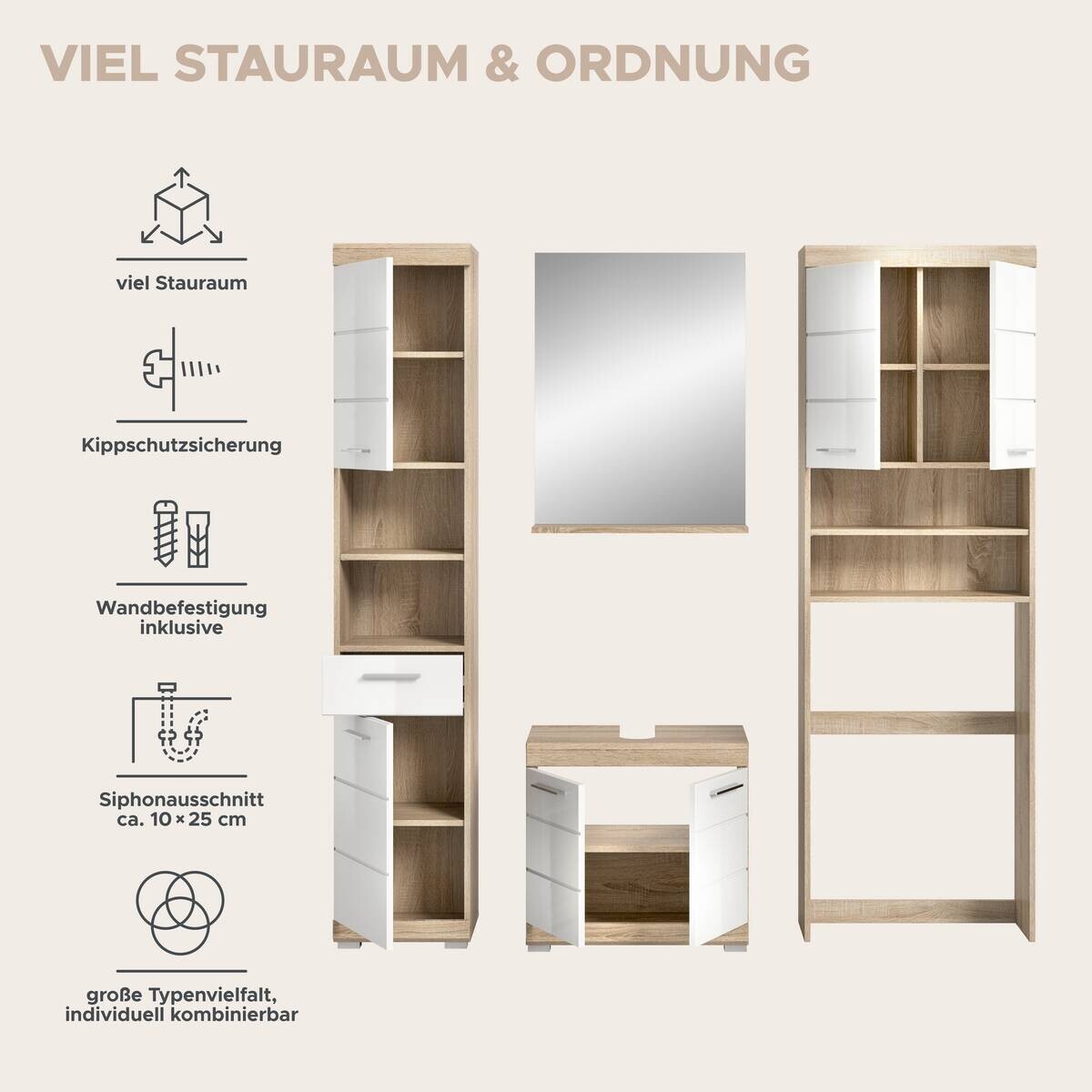 Badezimmer-Set Lambada Eiche Sonoma Nachbildung weiß Hochglanz B/H/T: ca. 190x191x34 cm